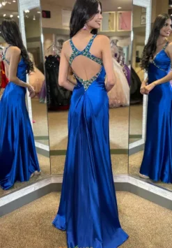 Fitted|Long Dresses^Jasz Couture Beaded V Neck Satin Long Dress 4321