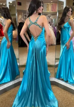 Fitted|Long Dresses^Jasz Couture Beaded V Neck Satin Long Dress 4321