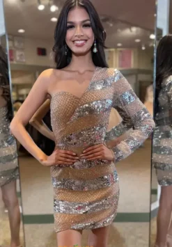 Long Sleeve Hc Dresses|Short Dresses^Jasz Couture Fitted sequins Short Dress 1186 Nude/Silver