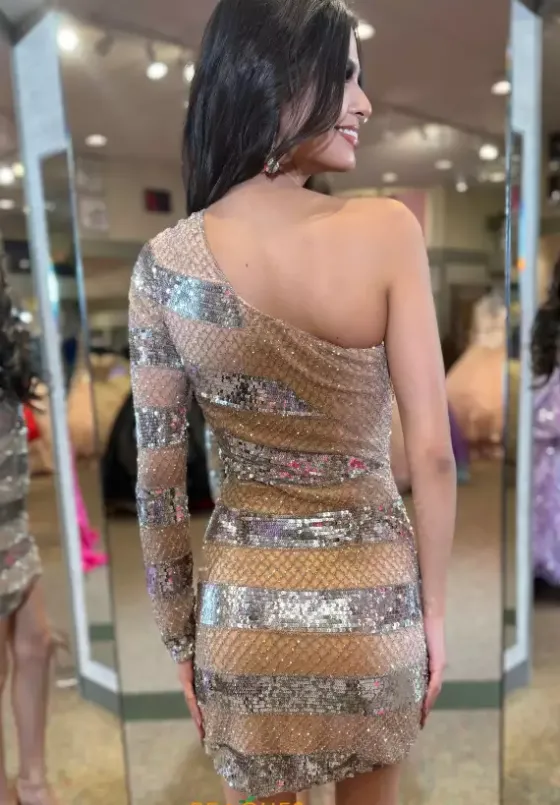 Long Sleeve Hc Dresses|Short Dresses^Jasz Couture Fitted sequins Short Dress 1186 Nude/Silver