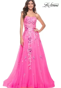 Long Dresses|Plus Sized Dresses^La Femme 32137 Neon Pink