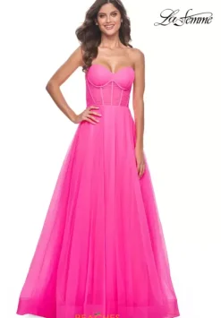 Long Dresses|Plus Sized Dresses^La Femme 32341 Neon Pink