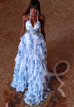 A Line|Plus Size^Alyce Long Halter Neckline Corset Dress 61730