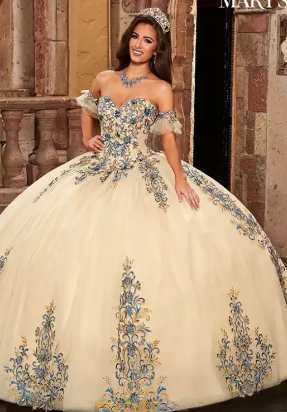 Quince Dresses With Sleeves|Plus Sized Quince Dresses^Mary's Mary's MQ1087 Champagne/Royal
