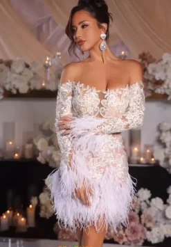 Long Sleeve Hc Dresses|Short Homecoming Dresses^Portia and Scarlett PS25563 Ivory/Nude