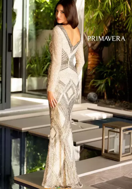 Long Sleeve Prom Dresses|Long Dresses^Primavera 12151 Nude Silver