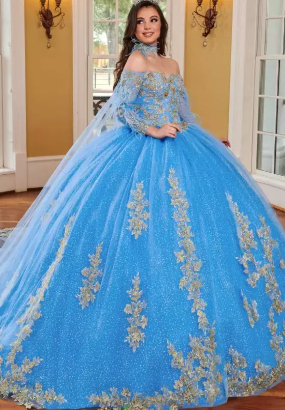 Sweet Sixteen|Quince Dresses With Sleeves^Rachel Allan Quince RQ2167 Azure/Gold