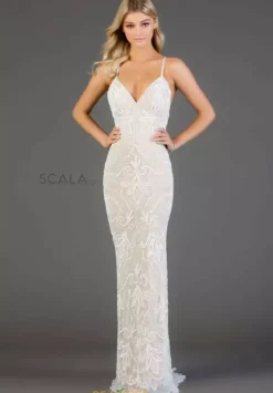 Long Homecoming Dresses|Fitted^Scala Dress 48557 Ivory/Nude