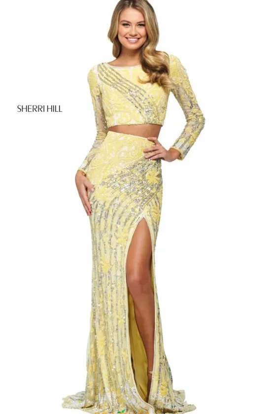 Long Sleeve Prom Dresses|Sexy^Sherri Hill 53916 Yellow/Ivory/Silver