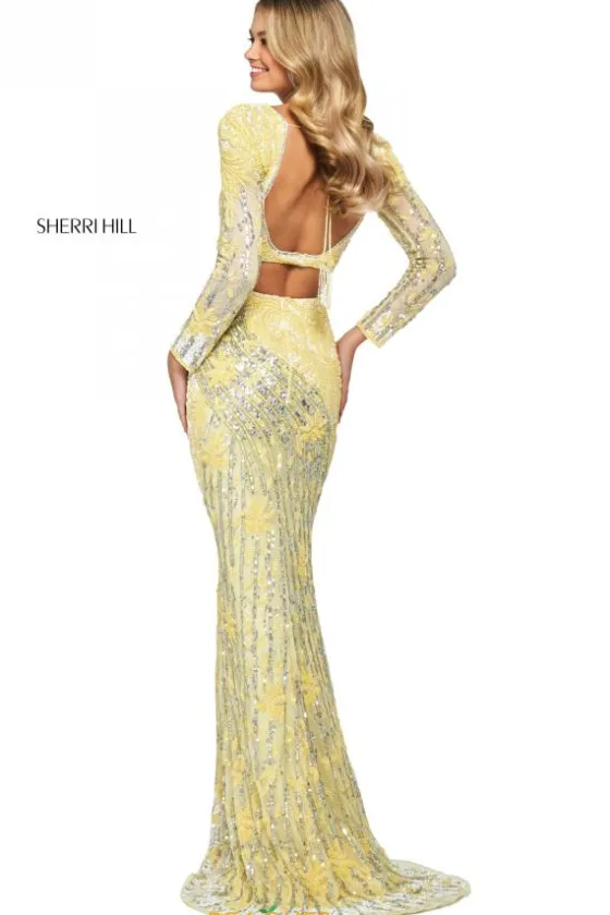 Long Sleeve Prom Dresses|Sexy^Sherri Hill 53916 Yellow/Ivory/Silver