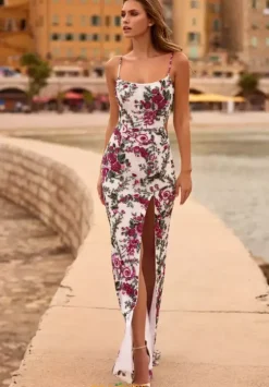 Long Dresses|Pageant^Sherri Hill 57105 Ivory/Fuchsia Print