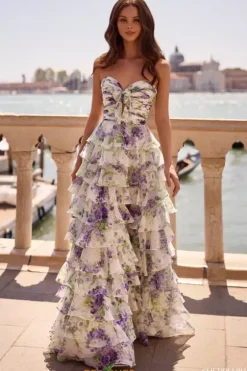 Winter Formal|Quince Guest Dresses^Sherri Hill Strapless Chiffon Long Dress 57613 Ivory/Purple Green Print