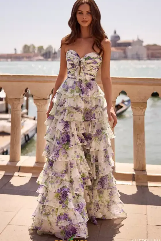 Winter Formal|Quince Guest Dresses^Sherri Hill Strapless Chiffon Long Dress 57613 Ivory/Purple Green Print