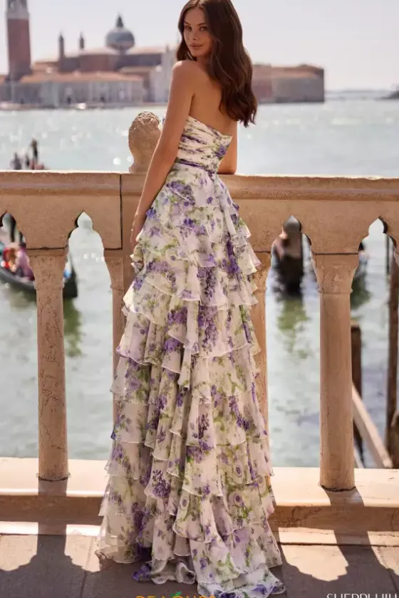 Winter Formal|Quince Guest Dresses^Sherri Hill Strapless Chiffon Long Dress 57613 Ivory/Purple Green Print