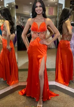 Long Homecoming Dresses|Long Dresses^Jasz Couture V Neck Satin Long Dress 4357 Orange