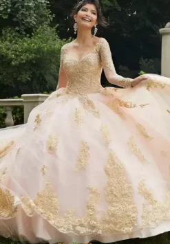 Quince Dresses With Sleeves|Plus Sized Quince Dresses^Vizcaya Quinceanera 89272 Blush/Gold