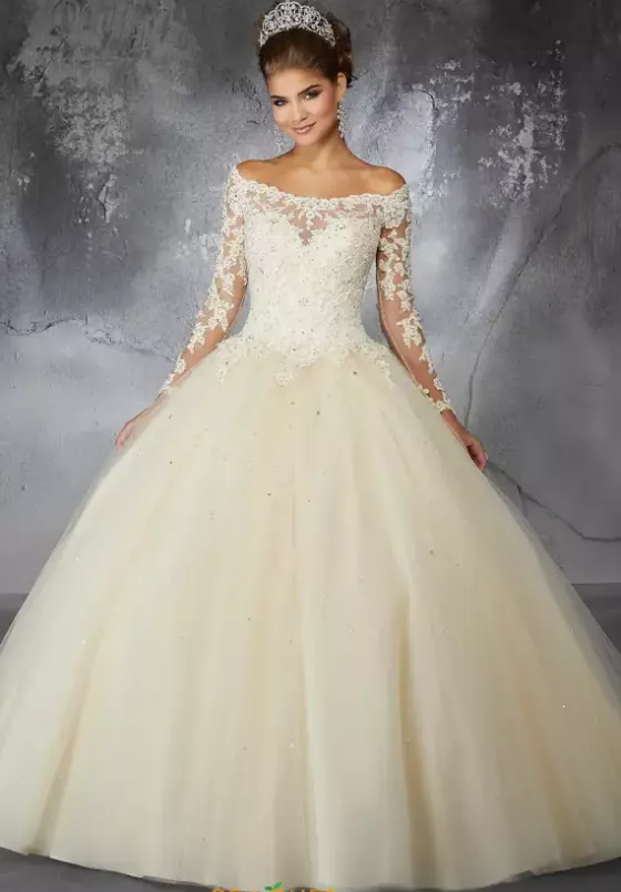 Quince Dresses With Sleeves|Plus Sized Quince Dresses^Vizcaya Quinceanera 60052 Champagne