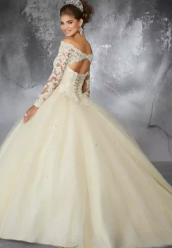 Quince Dresses With Sleeves|Plus Sized Quince Dresses^Vizcaya Quinceanera 60052 Champagne
