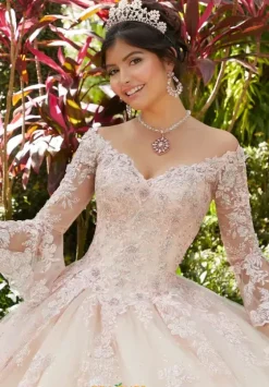 Quince Dresses With Sleeves|Plus Sized Quince Dresses^Vizcaya Quinceanera 60124 Champagne/Blush