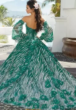 Quince Dresses With Sleeves|Plus Sized Quince Dresses^Vizcaya Quinceanera 34073 Emerald