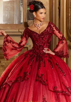 Quince Dresses With Sleeves|Plus Sized Quince Dresses^Vizcaya Quinceanera 60156 Sangria