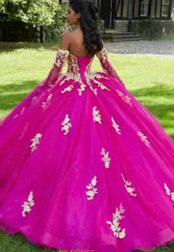 Sweet Sixteen|Quince Dresses With Sleeves^Vizcaya Quinceanera 89441 Magenta/Gold